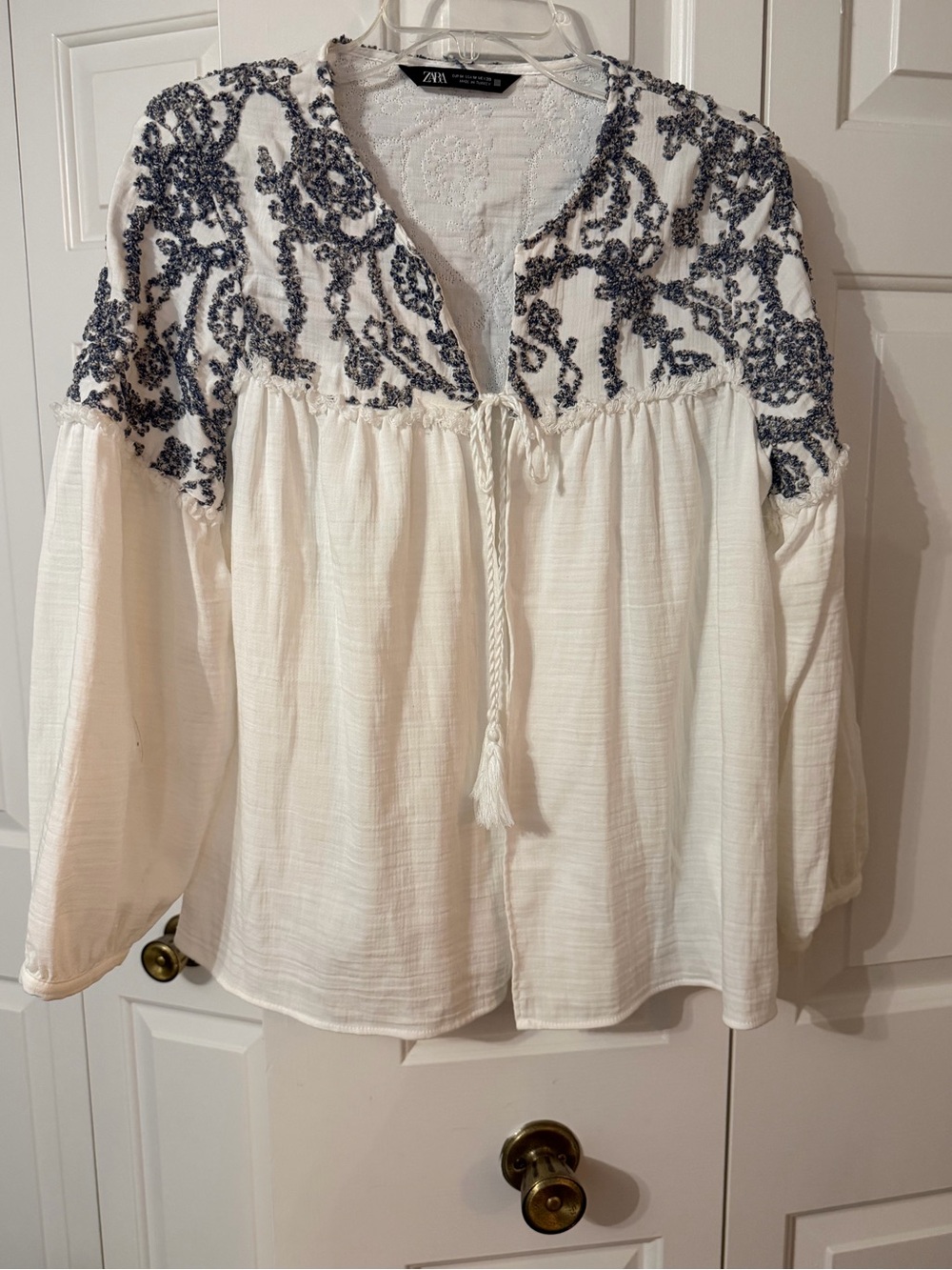 Zara Cream Peasant Top with Navy Embroidered Yoke